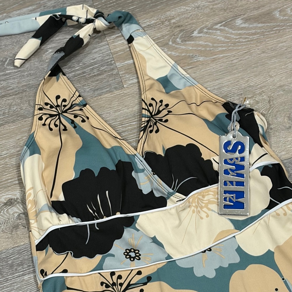 Buzz Swimwear Floral Halter Swim Dress Blue Tan Black L NWT